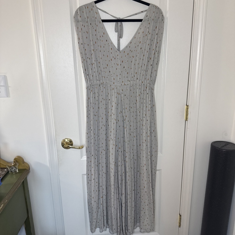 Grade & Gather Romper Womens L Gray Gold Dot V-Neck Tie Back Boho Jumpsuit